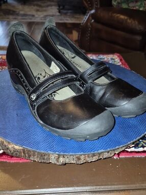 Merrell Plaza Bandeau Black Leather Comfort Wedge Mary Jane Shoes. (#2024S).